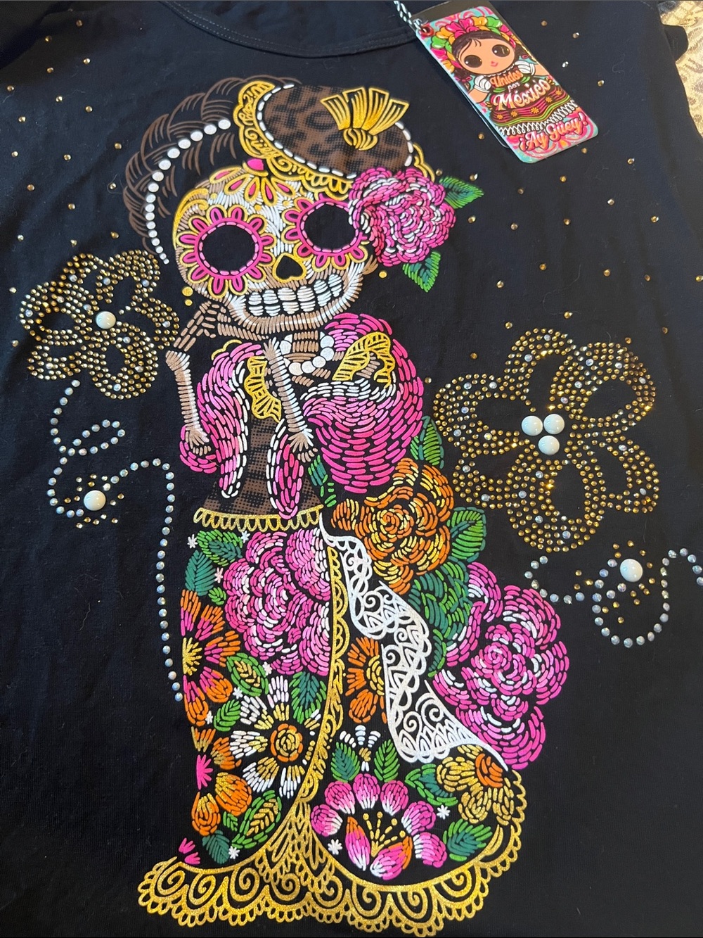 Black Day of the Dead Floral Skull Short Sleeve Tee